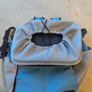 Blue and Gray Gathered Backpack with Sculptural Design